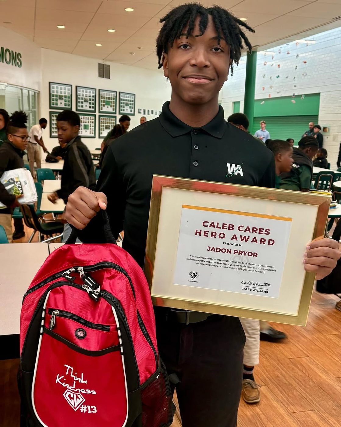 Jadon Pryor with his Hero Award and Think Kindness backpack