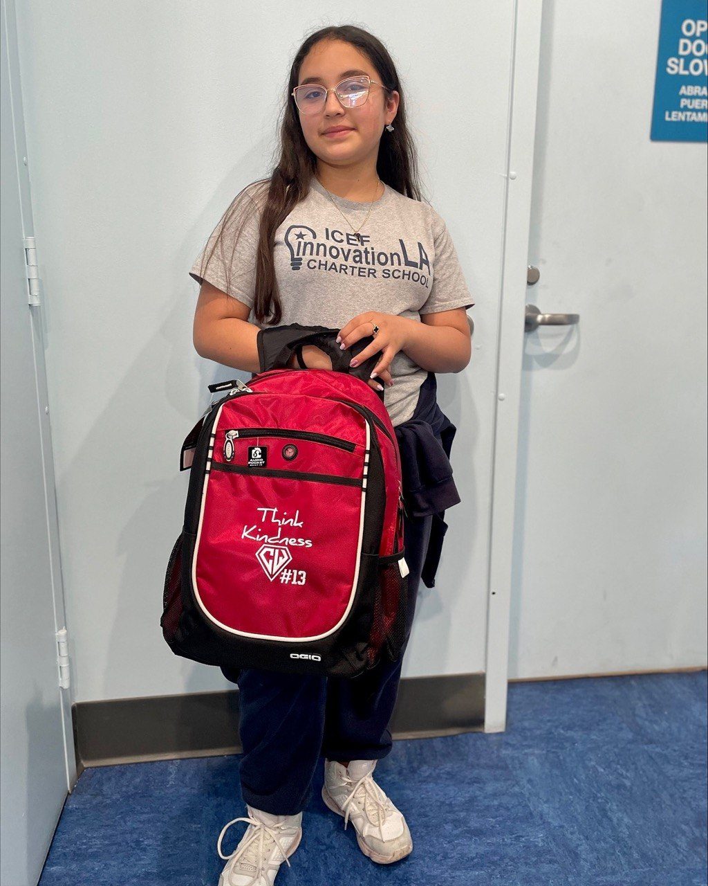 Student with a Think Kindness backpack at ICEF Innovation LA Charter School